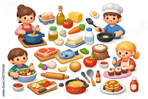 Children happily learning to cook and prepare delicious food in the kitchen