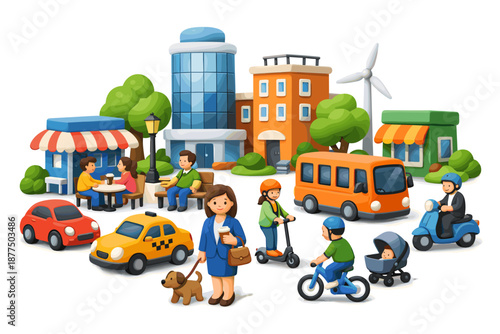 Cartoon illustration of a vibrant, eco-friendly city scene with diverse people and transportation