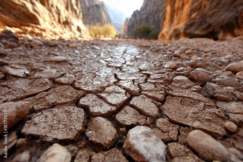 Dry, cracked earth floor of a canyon