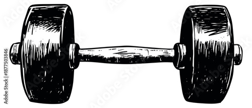 Hand drawn line art illustration of a dumbbell depicting strength training for health and fitness designs