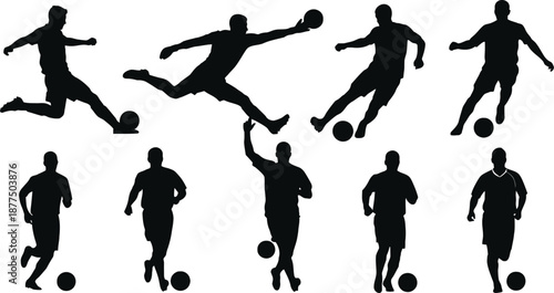 A set of nine black silhouettes depicting soccer players in dynamic poses, kicking and running with balls, showcasing athletic movements and actions in a simple, graphic style.