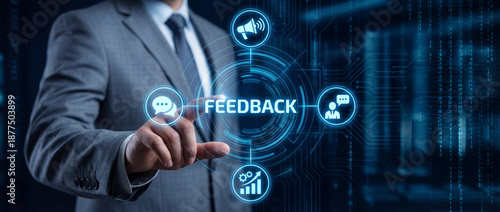 Hand interacting with digital FEEDBACK hologram showing megaphone and growth icons. Concept of customer satisfaction metrics, professional survey strategy, and actionable corporate insight data.