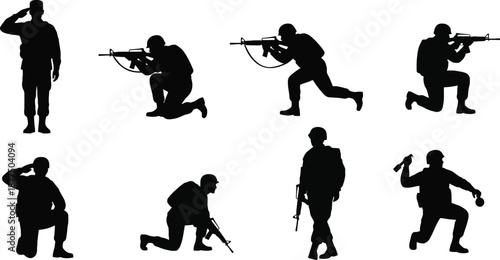 A set of eight black silhouette illustrations depicting soldiers in different combat positions, including kneeling, standing, and running, with various weapons, on background