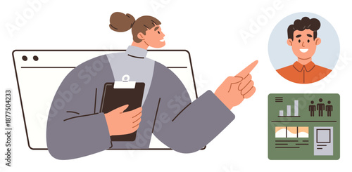Human resources, teamwork, business data, online profiles, analytics, staff management. Woman holding a clipboard points to a persons profile and data chart. Human resources and teamwork