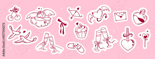 Valentine Love Sticker Set with hand drawn doodles cupid, hearts, champagne, love birds, cherries, cupcake, envelope, bow for cards, packaging, scrapbooking, merch, social media, digital decor.Vector