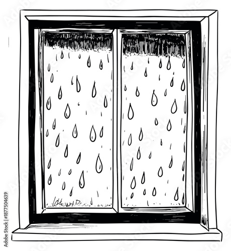 Hand drawn line art illustration of a window depicting raindrops falling for rainy weather