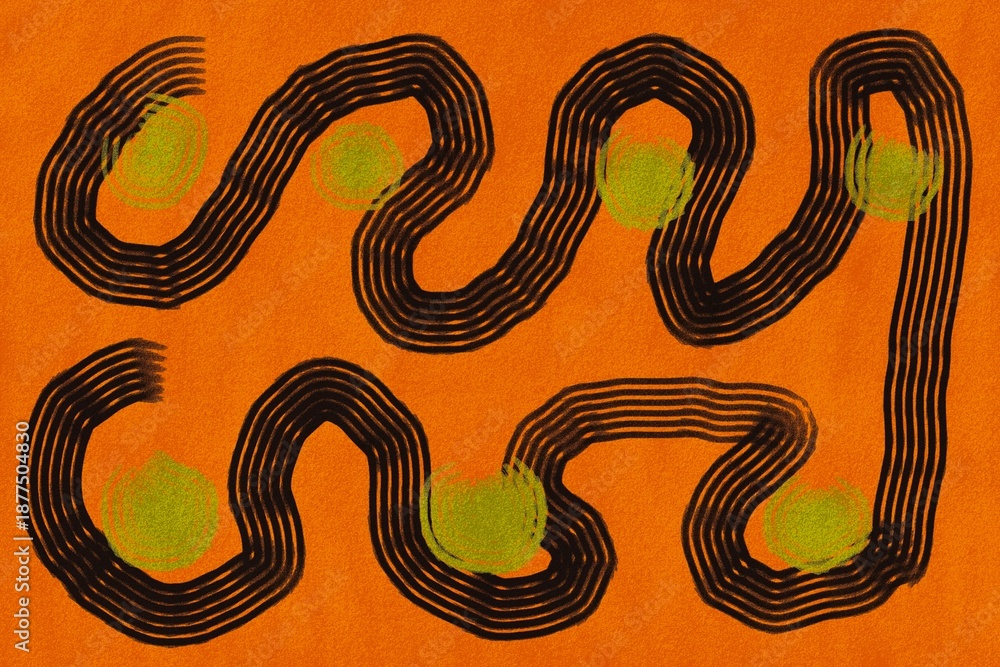 Obraz premium Colorful abstract design with wavy lines and green circles on orange background