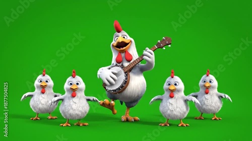 Joyful Chicken Band: An adorable chicken band with vibrant music, spreading joy and harmony, with a focus on togetherness, the music theme, and the lively group. 