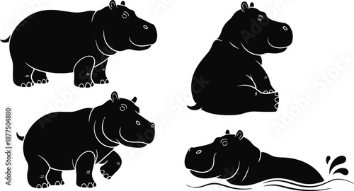 Black hippopotamus silhouettes walking, sitting, and swimming on white background