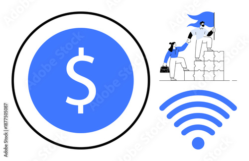 Business teamwork, finance management, connectivity, digital communication, online services, goal achievement. Dollar sign, wireless icon and teamwork illustration with flag. Finance management