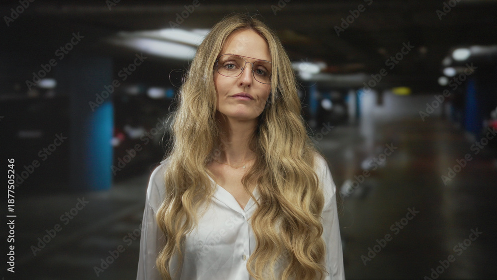 Fototapeta premium Woman with glasses gives thumbs down in a dimly lit parking garage, wearing a white shirt and showing long blonde hair, conveying disapproval indoors.