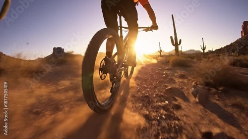 Desert Cyclist's Sunset Ride: A cyclist fearlessly rides their bicycle through a dusty desert landscape, silhouetted against the bright, warm glow of the setting sun.
