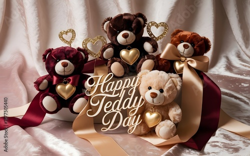 a luxurious teddy day composition featuring teddy bears placed on a silk cloth