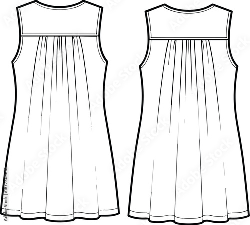 Relaxed-fit pants fashion flat sketch, front, back, and side views, pleats, drawstring, patch pockets - vector illustration