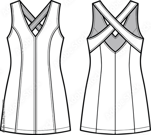 Sleeveless dress fashion flat sketch, front and back views, crisscross neckline straps, princess seams, contrast panel - vector illustration