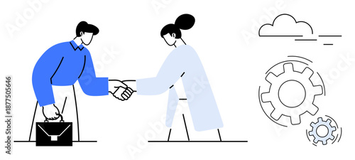 Business cooperation, teamwork, partnership, agreement, contract negotiation, productivity. Two people shaking hands with gears and cloud icons. Business cooperation and partnership concept