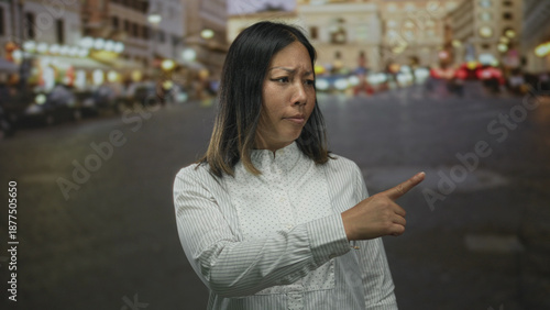 Free Download Woman points finger on a busy city street at dusk amid blurred lights and parked cars while gesturing direction; uncertainty. - GFXLoad