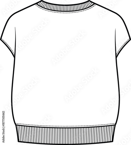 Short-sleeved knit top fashion flat sketch, back view, ribbed crew neck and cuffs - vector illustration