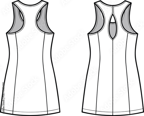 Sleeveless dress fashion flat sketch, front and back views, princess seams, keyhole back, binding finish - vector illustration