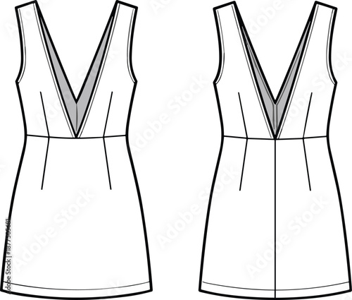 Sleeveless dress fashion flat sketch, front views, deep V-neckline, princess seams, contrast panel - vector illustration