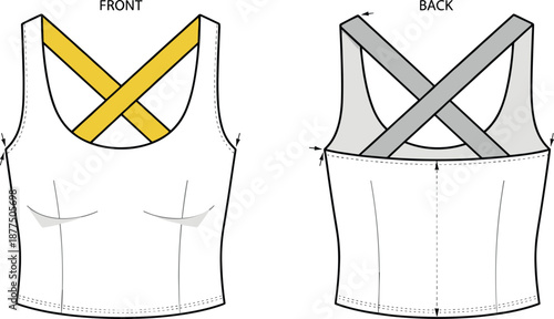 Sleeveless top fashion flat sketch, front and back views, crisscross straps and shaping seams - vector illustration