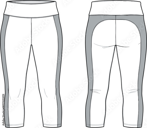 Athletic leggings technical fashion sketch, front and back views, seam and panel details - flat vector illustration