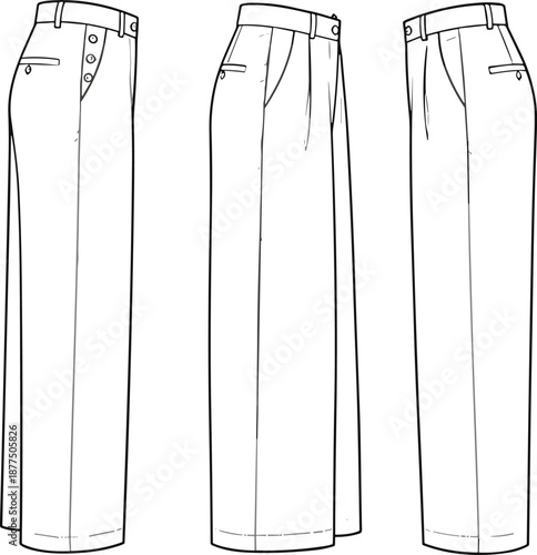 Wide-leg trousers fashion flat sketch, side views, button fly, pleats, flap pockets - vector illustration
