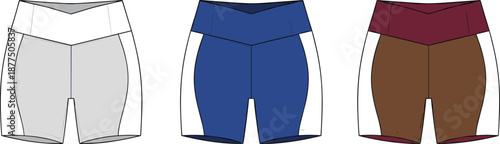 Athletic shorts fashion flat sketch, three color variations, high waistband and side panel design - flat vector illustration