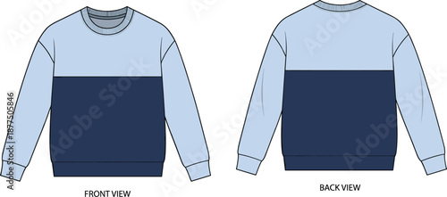 Color-blocked sweatshirt fashion flat sketch, front and back views, crew neck and long sleeves - vector illustration