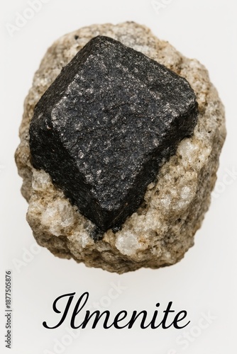 Ilmenite crystal block on light granitic matrix isolated in studio