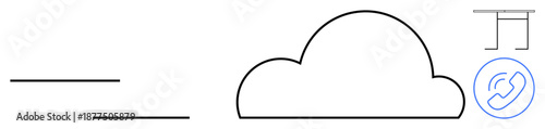 Cloud computing, networking, communication technology, minimalism, wireless services, online data storage. Simple cloud shape, lines and call icon. Cloud computing and networking concept