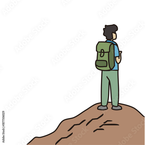 Hand-drawn vector illustration of a male backpacker standing on a mountain peak looking at the view. Hiking theme.
