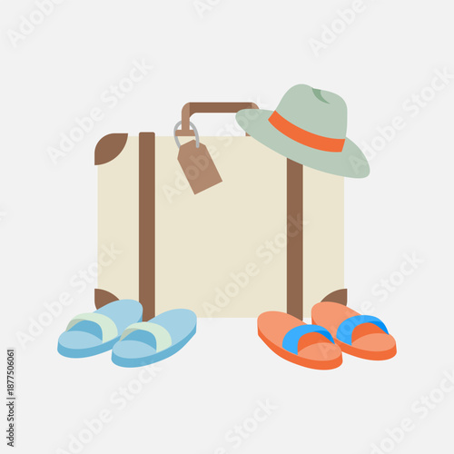 Flat vector illustration of a vintage suitcase with a summer hat and two pairs of sandals. Travel and packing theme.