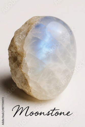 Moonstone cabochon with blue adularescence on rough host rock