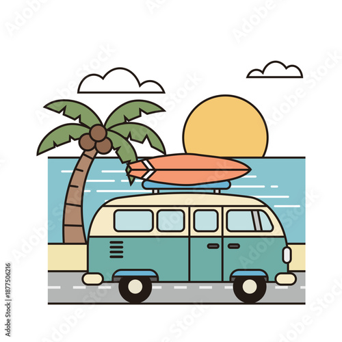 Flat vector illustration of a vintage camper van with a surfboard on top, parked by the beach with palm trees and sunset sky.