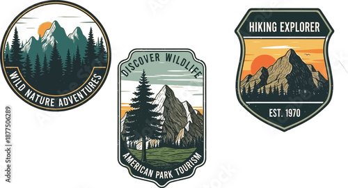 Collection of vintage rugged mountain adventure emblems featuring pine trees forests and stylized sunrises perfect for outdoor branding projects