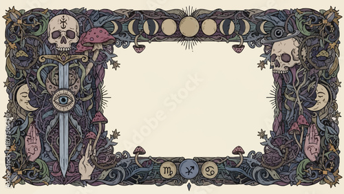 Intricate gothic frame design featuring skulls celestial bodies esoteric symbols occult elements and lush botanical ornamentation for mystical projects
