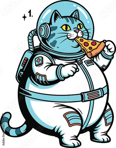 Cat in space suit eating pizza slice sticker blue astronaut kitty character exploring cosmos with food fast food snack