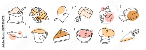 Baking and Pastry One Line Icon Set in Minimal Style. Continuous line baking and pastry icons of croissants, cakes, utensils for recipe design, food blogs, packaging, menus, culinary branding. Vector