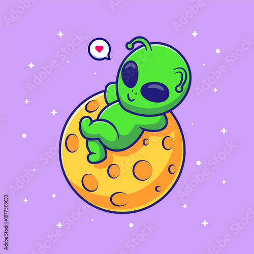 Cute Alien Sleeping On Moon Cartoon Vector Icon 
Illustration. Science Technology Icon Concept Isolated 
Premium Vector. Flat Cartoon Style