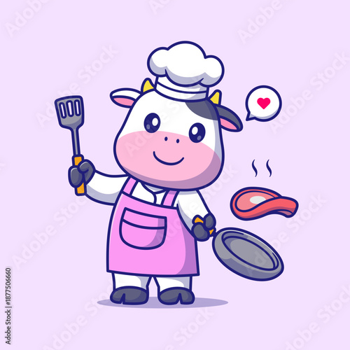 Cute Cow Chef Cooking Steak Meat Cartoon Vector Icon 
Illustration. Animal Food Icon Concept Isolated Premium 
Vector. Flat Cartoon Style