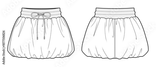 Bubble Mini Skirt Technical Fashion Illustration. High-Waist Drawstring Skirt with Elasticated Hem, Gathered Volume, Casual Streetwear Style. Front and Back Views. Women’s Fashion CAD Mockup Set.