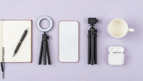 Creative Workspace Flat Lay on Beige