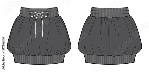 Athleisure Bubble Mini Skirt Technical Fashion Illustration. High-Waist Drawstring Skirt with Rib Knit Hem, Structured Balloon Shape, Sport-Inspired Streetwear. Front and Back Views. CAD Mockup Set.