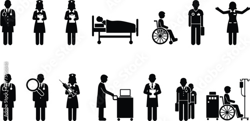 Healthcare silhouette set, 14 black vector icons of medical professionals, patients, and treatment scenes
