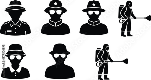 Protective gear silhouette set, 8 black vector icons of workers in hats, uniforms, and spraying equipment