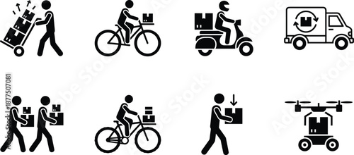 Package delivery icon set, 8 black vector illustrations of manual, vehicle, and autonomous logistics methods