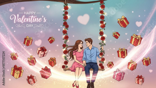 Young couple sitting on swing surrounded by gifts and hearts for valentine's day celebration