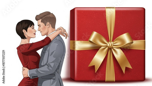 Loving couple embracing beside large red gift box with gold ribbon on white background