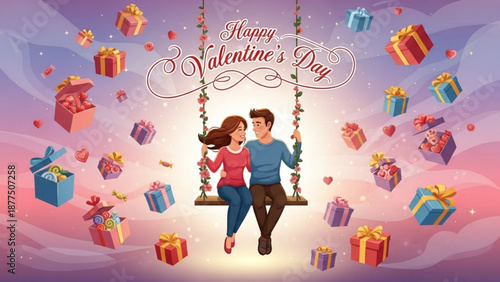 Happy valentine's day couple swinging surrounded by gifts and hearts romantic love background